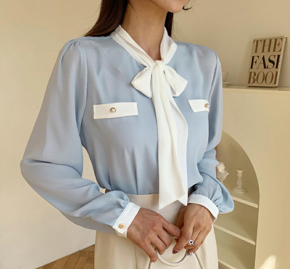 配色リボンブラウス・全4色・t61645 レディース 【bl】【韓国 ファッション トップス ブラウス 長袖 上品 配色 リボン ハーフネック フェイクボタン ギャザー 体型カバー フェミニン カジュアル デイリー 秋 春】