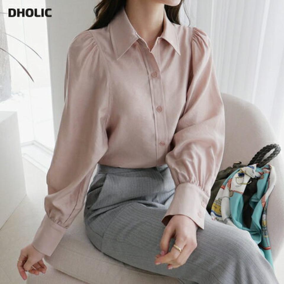 シアーパフシャツブラウス・全3色・t67079 レディース 【bl】【トップス ブラウス シャツブラウス 長袖 シアー パフ袖 パフスリーブ 単色 無地 シンプル 大人 かわいい フェミニン 春 秋 韓国 ファッション】【ハイホリHIHOLLI】