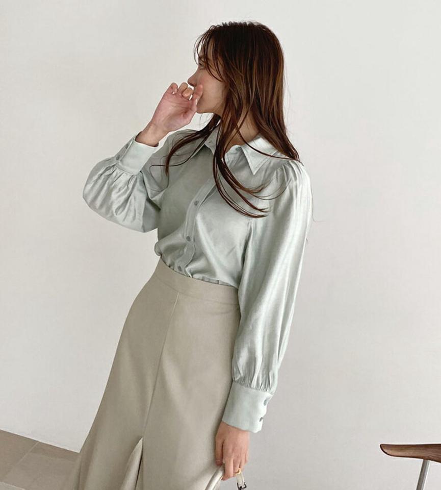 シアーパフシャツブラウス・全3色・t67079 レディース 【bl】【トップス ブラウス シャツブラウス 長袖 シアー パフ袖 パフスリーブ 単色 無地 シンプル 大人 かわいい フェミニン 春 秋 韓国 ファッション】【ハイホリHIHOLLI】