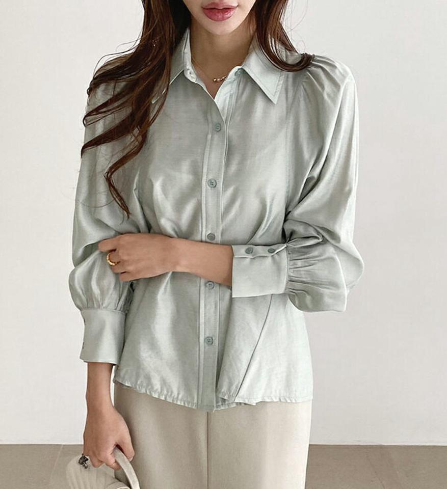 シアーパフシャツブラウス・全3色・t67079 レディース 【bl】【トップス ブラウス シャツブラウス 長袖 シアー パフ袖 パフスリーブ 単色 無地 シンプル 大人 かわいい フェミニン 春 秋 韓国 ファッション】【ハイホリHIHOLLI】