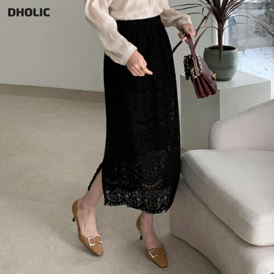 スリットレースカート・全2色・b67097 レディース 【sk】【スカート ロング ロングスカート レース 透け感 シアー シースルー スリット フェミニン 大人 きれいめ ウエストゴム 秋 春 韓国 ファッション】【ハイホリHIHOLLI】