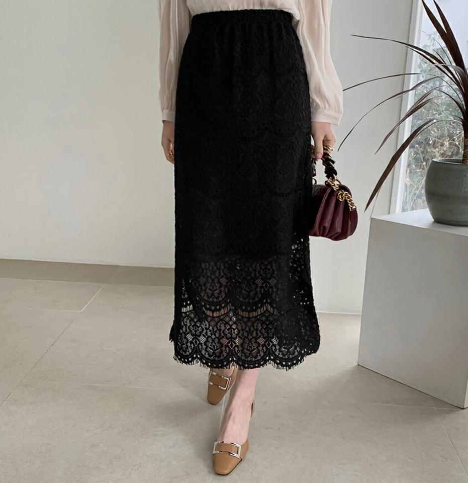 スリットレースカート・全2色・b67097 レディース 【sk】【スカート ロング ロングスカート レース 透け感 シアー シースルー スリット フェミニン 大人 きれいめ ウエストゴム 秋 春 韓国 ファッション】【ハイホリHIHOLLI】