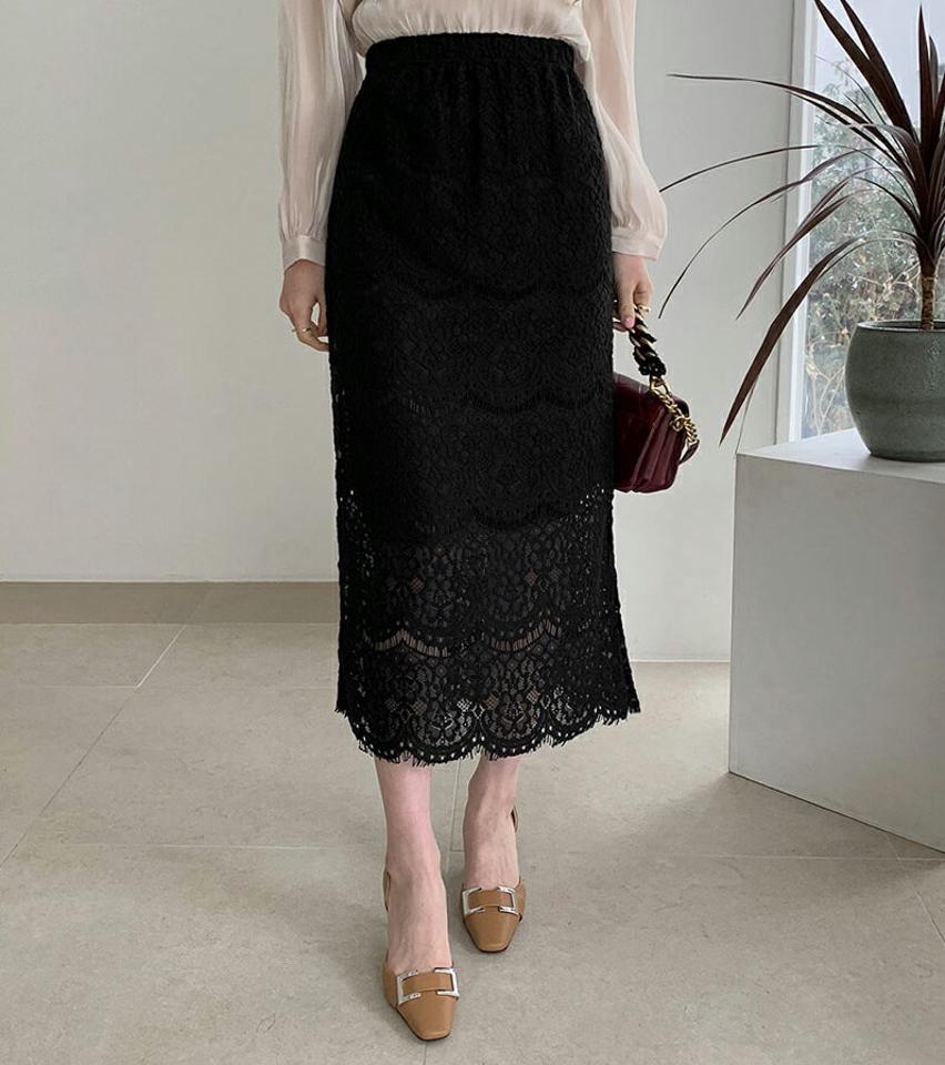 スリットレースカート・全2色・b67097 レディース 【sk】【スカート ロング ロングスカート レース 透け感 シアー シースルー スリット フェミニン 大人 きれいめ ウエストゴム 秋 春 韓国 ファッション】【ハイホリHIHOLLI】