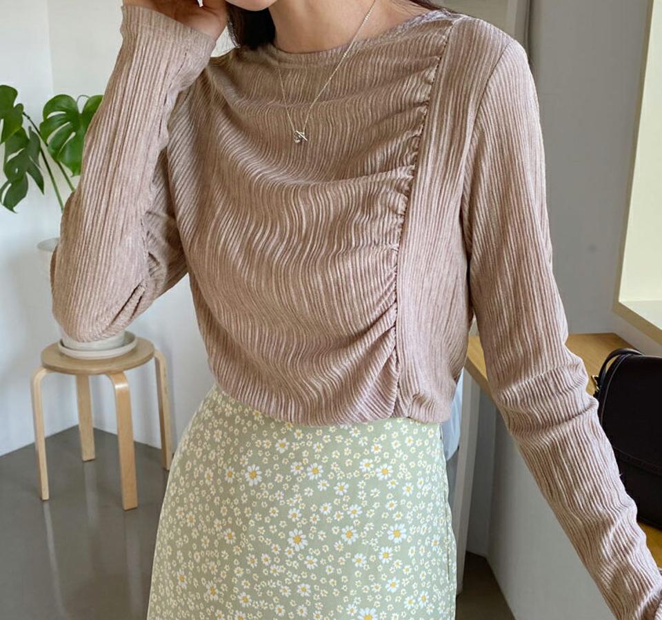 リブサイドギャザーTシャツ・全4色・t61640 レディース 【tops】【韓国 ファッション トップス Tシャツ 長袖 ギャザー ラウンドネック リブ フィット スリム 無地 カジュアル 細身 上品 体型カーバー デイリー 秋 春】