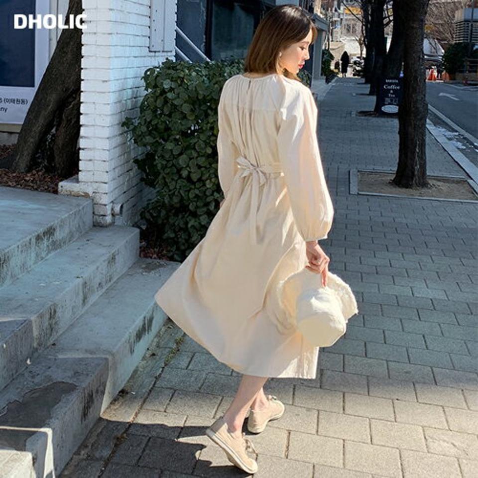 ギャザーリボンワンピース・全3色・t61648 レディース 【ops】【韓国 ファッション ワンピース ロング ロングワンピース ラウンドネック ボタン ウエストリボン ギャザー ラグランスリーブ 無地 フェミニン 細身 体型カバー 秋 春】