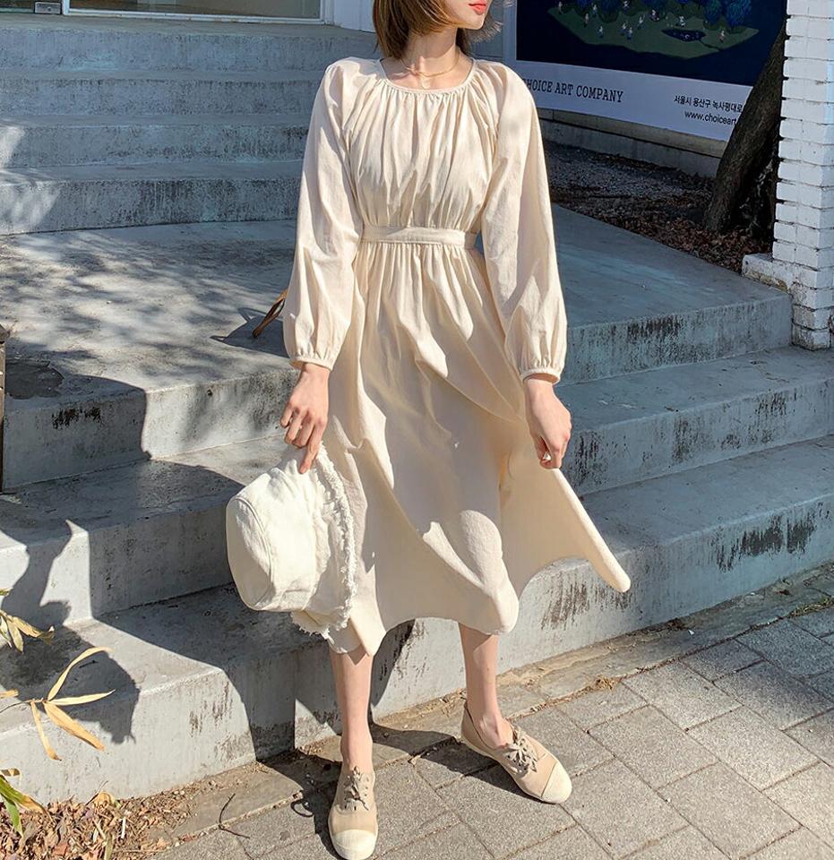 ギャザーリボンワンピース・全3色・t61648 レディース 【ops】【韓国 ファッション ワンピース ロング ロングワンピース ラウンドネック ボタン ウエストリボン ギャザー ラグランスリーブ 無地 フェミニン 細身 体型カバー 秋 春】