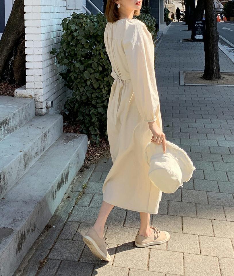 ギャザーリボンワンピース・全3色・t61648 レディース 【ops】【韓国 ファッション ワンピース ロング ロングワンピース ラウンドネック ボタン ウエストリボン ギャザー ラグランスリーブ 無地 フェミニン 細身 体型カバー 秋 春】