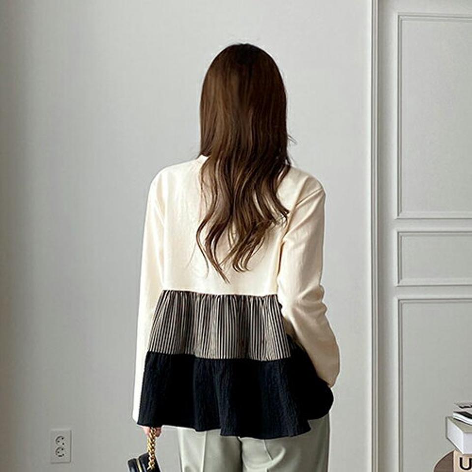 ストライプティアードTシャツ・全2色・b67137 レディース 【tops】【トップス Tシャツ 長袖 ティアード ストライプ柄 カジュアル 大人 秋 春 韓国 ファッション】【ハイホリHIHOLLI】