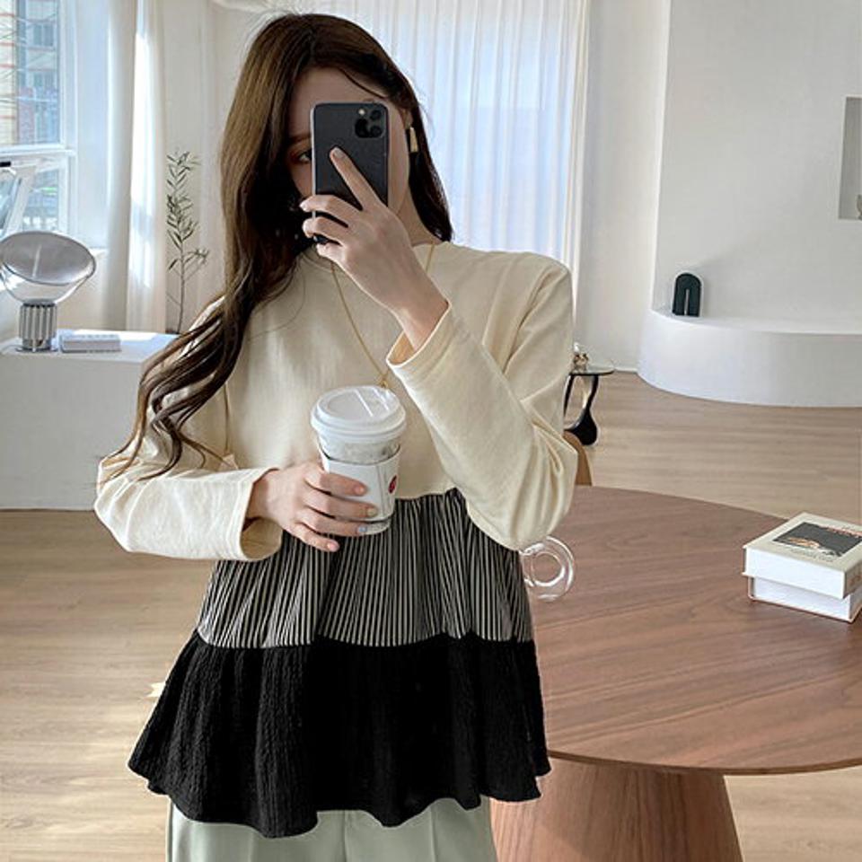ストライプティアードTシャツ・全2色・b67137 レディース 【tops】【トップス Tシャツ 長袖 ティアード ストライプ柄 カジュアル 大人 秋 春 韓国 ファッション】【ハイホリHIHOLLI】