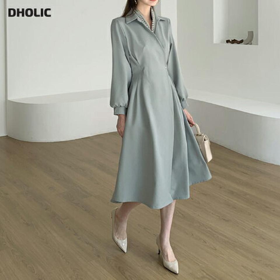 ボタンラップカラーワンピース・全4色・t67111 レディース 【ops】【ワンピース ミディ丈 ミディワンピース 長袖 ラップデザイン 単色 無地 シンプル Aライン かわいい 大人 秋 春 韓国 ファッション】【ハイホリHIHOLLI】