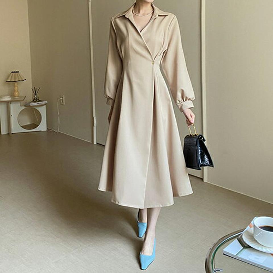 ボタンラップカラーワンピース・全4色・t67111 レディース 【ops】【ワンピース ミディ丈 ミディワンピース 長袖 ラップデザイン 単色 無地 シンプル Aライン かわいい 大人 秋 春 韓国 ファッション】【ハイホリHIHOLLI】