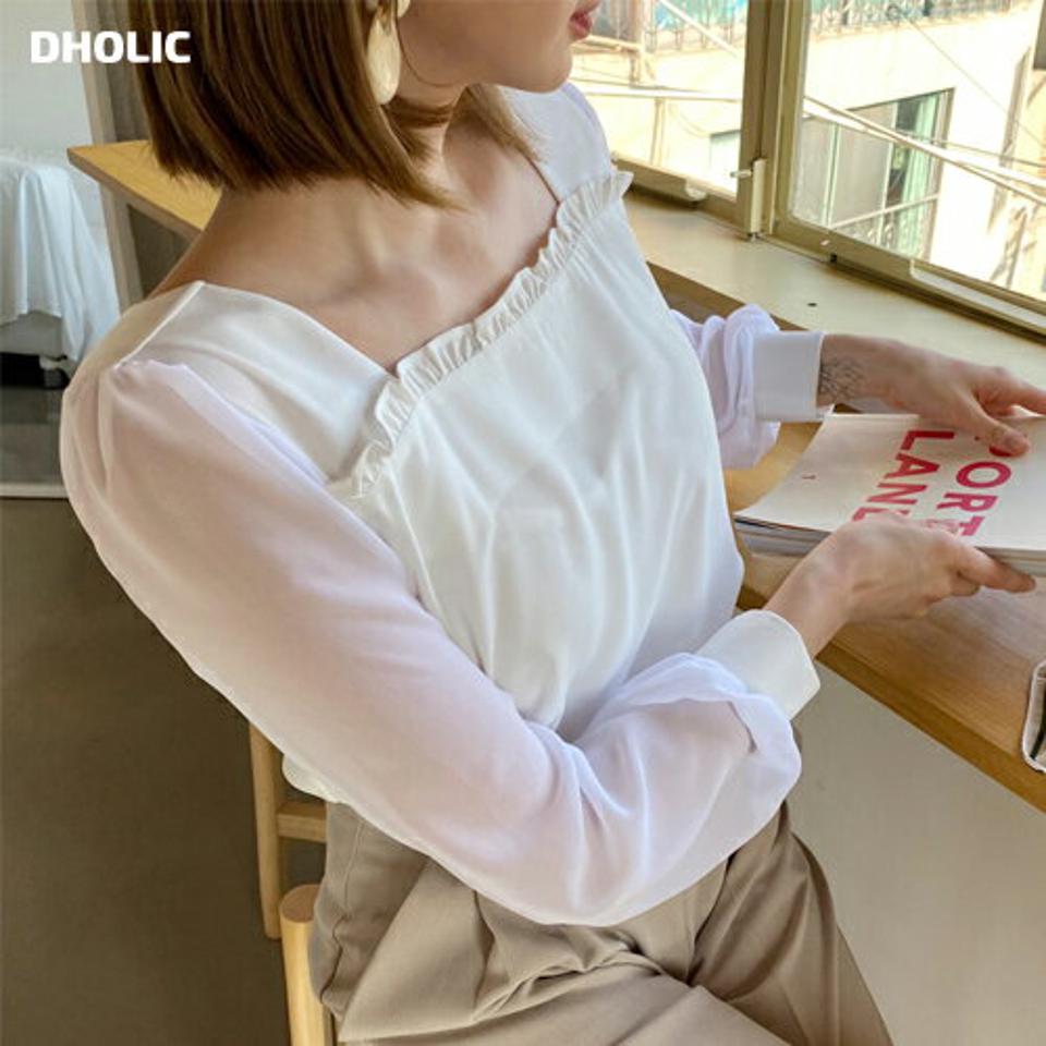 フリルシアースクエアブラウス・全3色・61646 レディース 【bl】【韓国 ファッション トップス ブラウス 長袖 上品 デコルテ スクエアネック フリル シースルー ボリューム 体型カバー フェミニン カジュアル デイリー 秋 春】