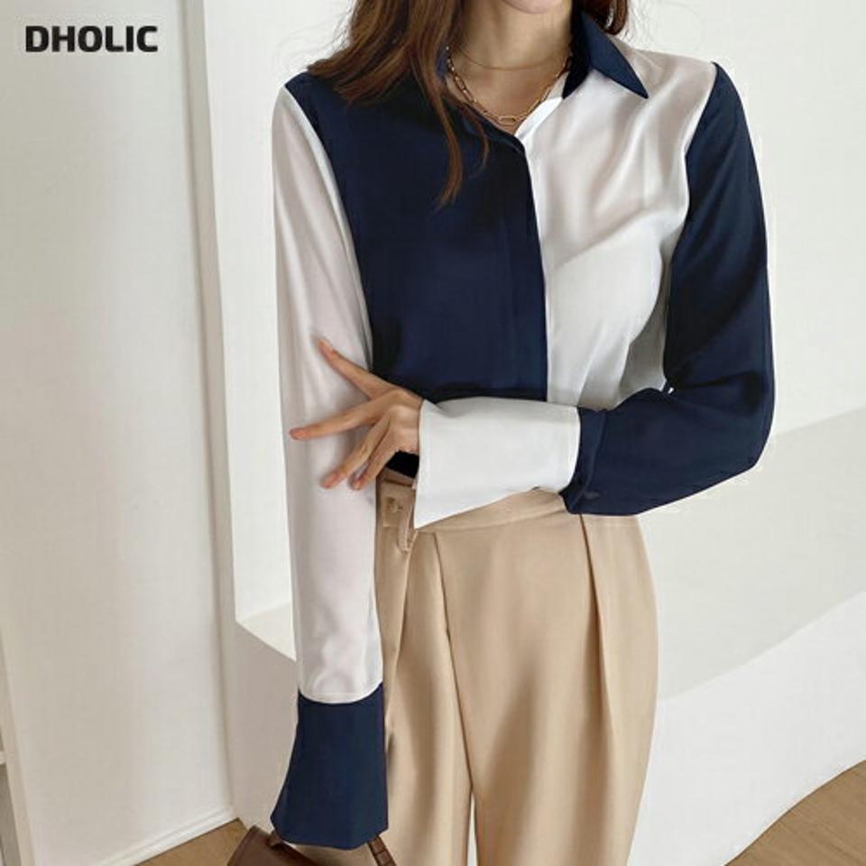 バイカラーフライフロントシャツ・全2色・b67108 レディース 【bl】【トップス シャツ 長袖 バイカラー フライフロント 大人 モダン シック 大人 かっこいい クール 秋 春 韓国 ファッション】【ハイホリHIHOLLI】