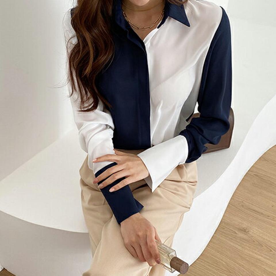 バイカラーフライフロントシャツ・全2色・b67108 レディース 【bl】【トップス シャツ 長袖 バイカラー フライフロント 大人 モダン シック 大人 かっこいい クール 秋 春 韓国 ファッション】【ハイホリHIHOLLI】