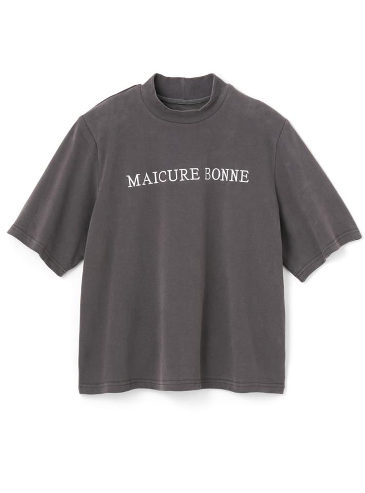 肩パット入りモックネックロゴ刺繍Tシャツ