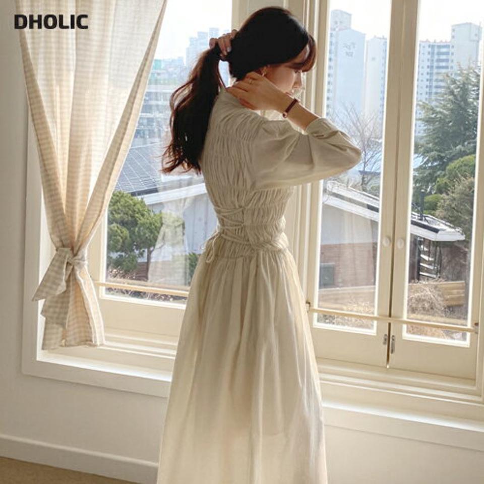 バックレースアップシャーリングワンピース・全3色・t62960 レディース 【ops】 韓国ファッション ワンピース ロングワンピース ラウンドネック レースアップ フレア ハーフネック スリット シャーリング 無地 フェミニン 秋 春