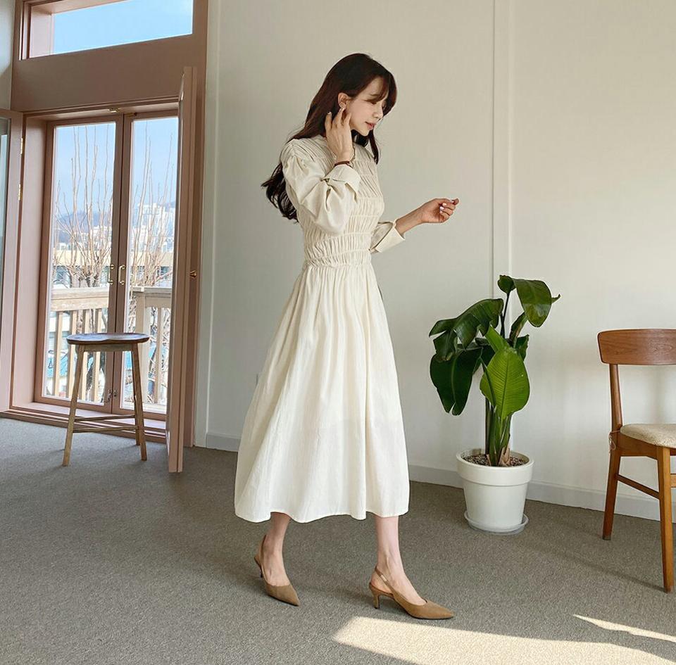 バックレースアップシャーリングワンピース・全3色・t62960 レディース 【ops】 韓国ファッション ワンピース ロングワンピース ラウンドネック レースアップ フレア ハーフネック スリット シャーリング 無地 フェミニン 秋 春