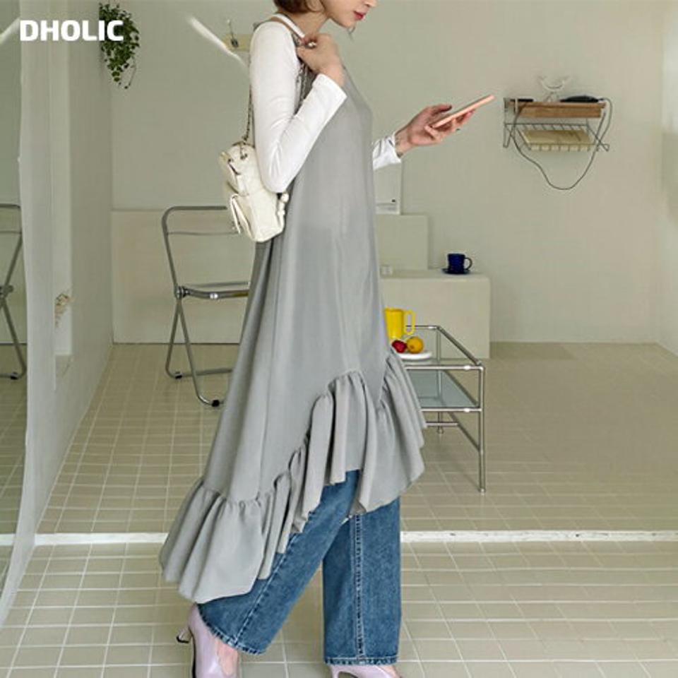 フリルへムワンピース・全5色・t65004 レディース 【ops】【韓国 ファッション ワンピース ロング ロングワンピース ノースリーブ アンバランス フリル ラウンドネック スリーブレス キャミソール キャミワンピース フェミニン 細身 体型カバー 秋 春】