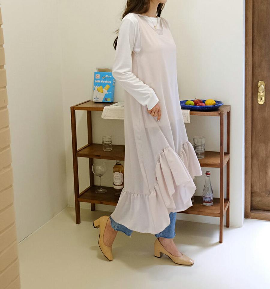 フリルへムワンピース・全5色・t65004 レディース 【ops】【韓国 ファッション ワンピース ロング ロングワンピース ノースリーブ アンバランス フリル ラウンドネック スリーブレス キャミソール キャミワンピース フェミニン 細身 体型カバー 秋 春】