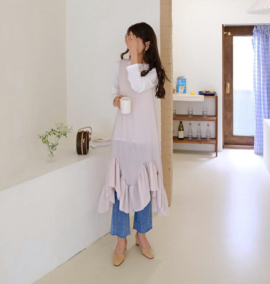 フリルへムワンピース・全5色・t65004 レディース 【ops】【韓国 ファッション ワンピース ロング ロングワンピース ノースリーブ アンバランス フリル ラウンドネック スリーブレス キャミソール キャミワンピース フェミニン 細身 体型カバー 秋 春】