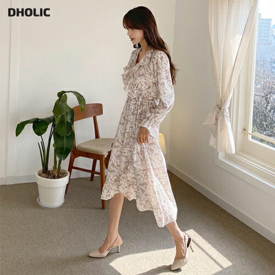 Vネックフリル花柄ワンピース・全2色・t62959 レディース 【ops】【韓国 ファッション ワンピース ロング ロングワンピース 長袖 Vネック 揺れ感 花柄 シフォン フリル ラップ風 フラワー フェミニン 細身 体型カバー 秋 春】【fw】