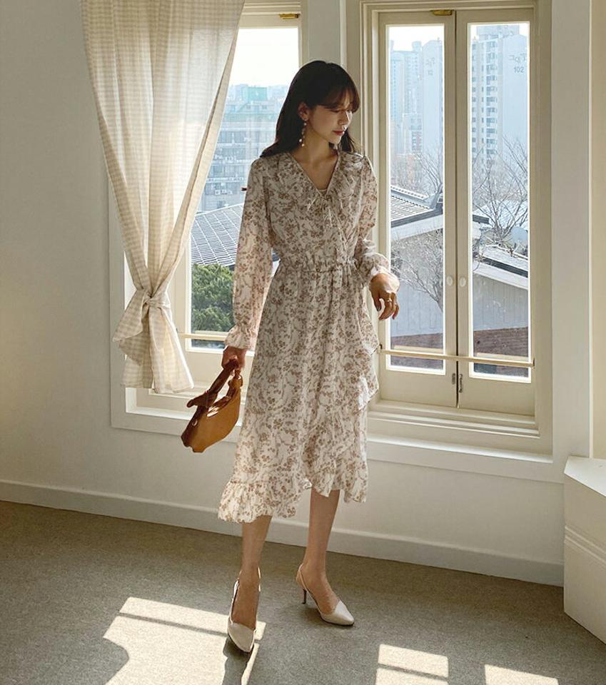Vネックフリル花柄ワンピース・全2色・t62959 レディース 【ops】【韓国 ファッション ワンピース ロング ロングワンピース 長袖 Vネック 揺れ感 花柄 シフォン フリル ラップ風 フラワー フェミニン 細身 体型カバー 秋 春】【fw】