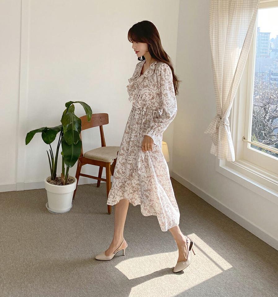 Vネックフリル花柄ワンピース・全2色・t62959 レディース 【ops】【韓国 ファッション ワンピース ロング ロングワンピース 長袖 Vネック 揺れ感 花柄 シフォン フリル ラップ風 フラワー フェミニン 細身 体型カバー 秋 春】【fw】