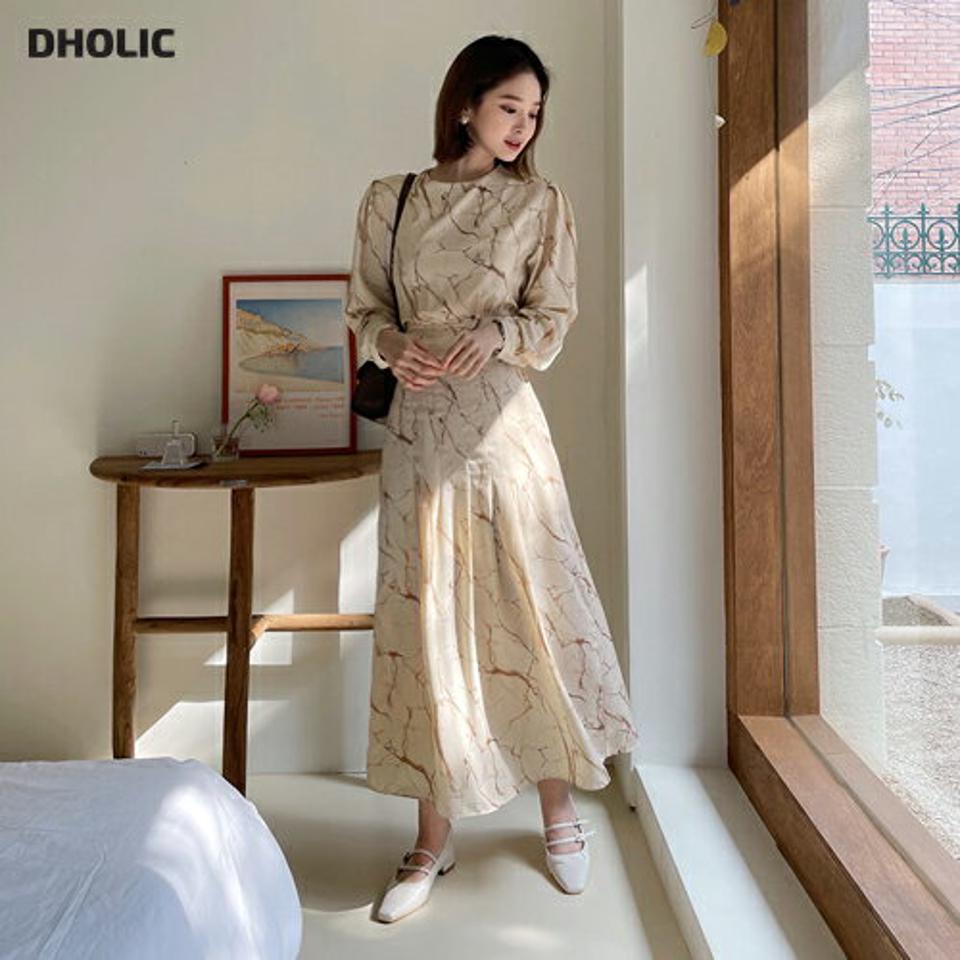 パターンリボンワンピース・全3色・t65012 レディース 【ops】【韓国 ファッション ワンピース ロング ロングワンピース ラウンドネック パターン リボン パターンワンピース ウエストリボン フェミニン 上品 細身 体型カバー 秋 春】