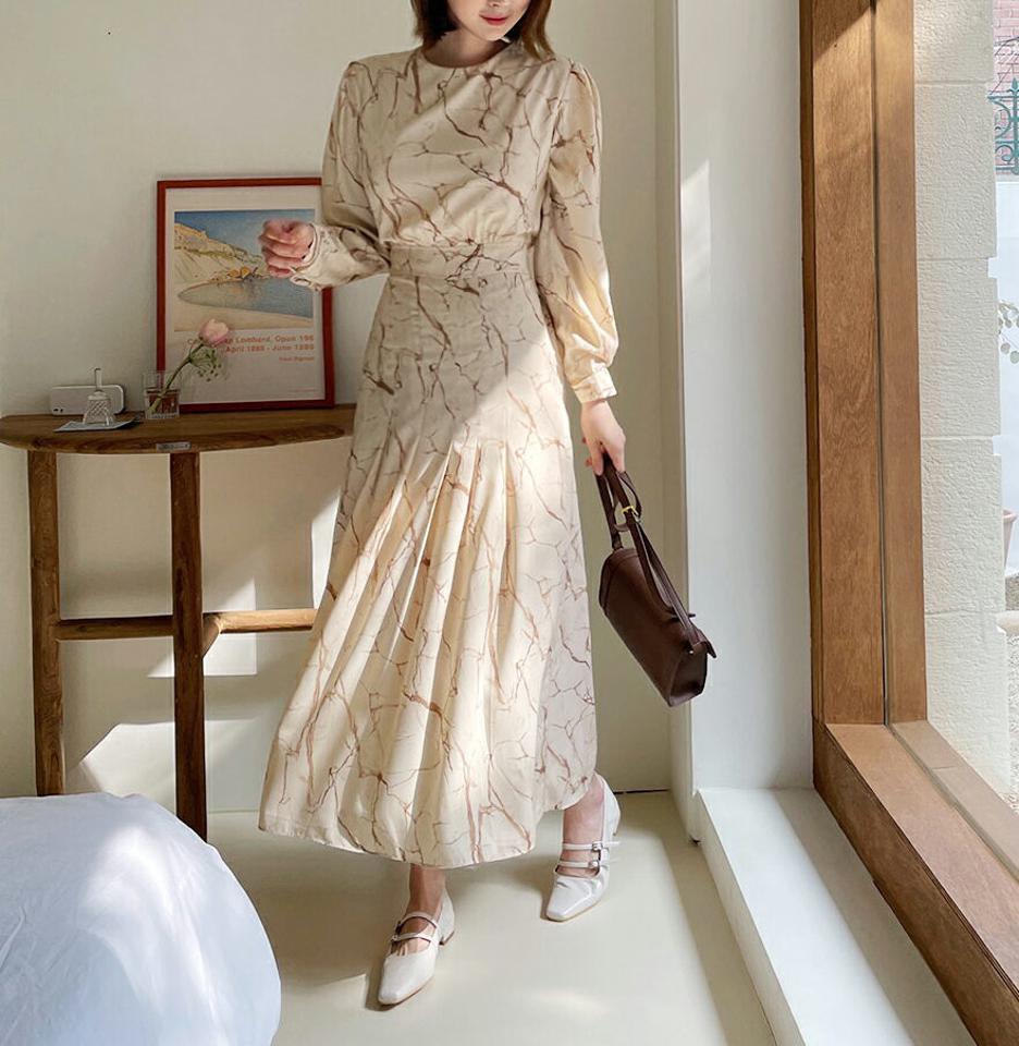 パターンリボンワンピース・全3色・t65012 レディース 【ops】【韓国 ファッション ワンピース ロング ロングワンピース ラウンドネック パターン リボン パターンワンピース ウエストリボン フェミニン 上品 細身 体型カバー 秋 春】