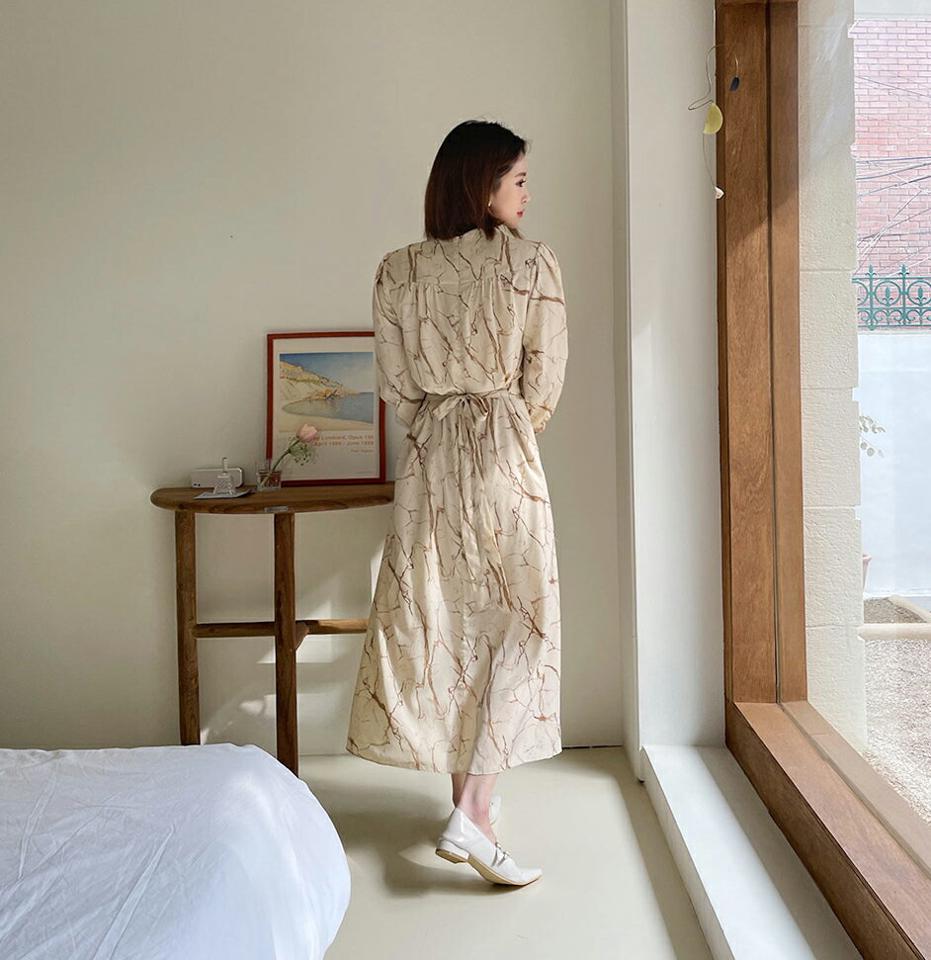 パターンリボンワンピース・全3色・t65012 レディース 【ops】【韓国 ファッション ワンピース ロング ロングワンピース ラウンドネック パターン リボン パターンワンピース ウエストリボン フェミニン 上品 細身 体型カバー 秋 春】