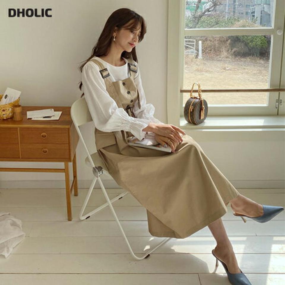 ベルト付ポケットワンピース・全2色・t62957 レディース 【ops】【韓国 ファッション ワンピース ロング ロングワンピース スリーブレス フラップポケット ウエストゴム ベルトループ バックル フェミニン 細身 体型カバー 秋 春】