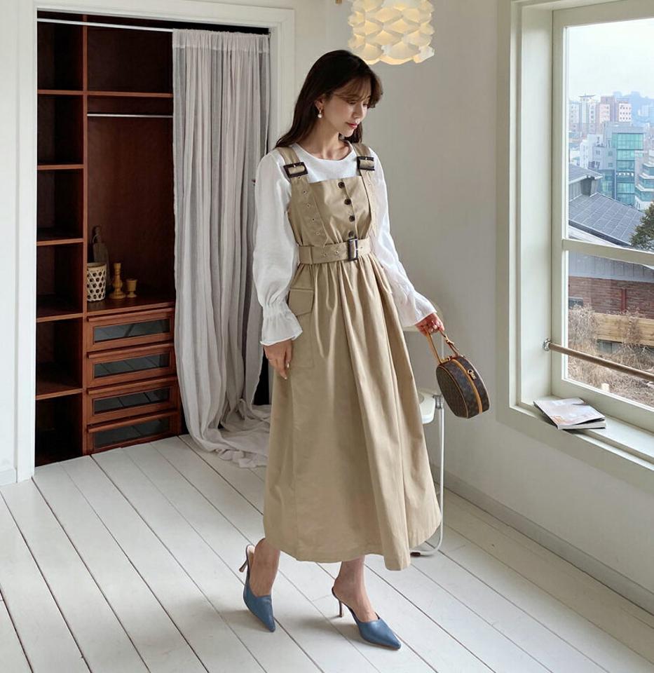 ベルト付ポケットワンピース・全2色・t62957 レディース 【ops】【韓国 ファッション ワンピース ロング ロングワンピース スリーブレス フラップポケット ウエストゴム ベルトループ バックル フェミニン 細身 体型カバー 秋 春】