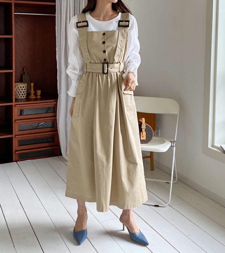 ベルト付ポケットワンピース・全2色・t62957 レディース 【ops】【韓国 ファッション ワンピース ロング ロングワンピース スリーブレス フラップポケット ウエストゴム ベルトループ バックル フェミニン 細身 体型カバー 秋 春】