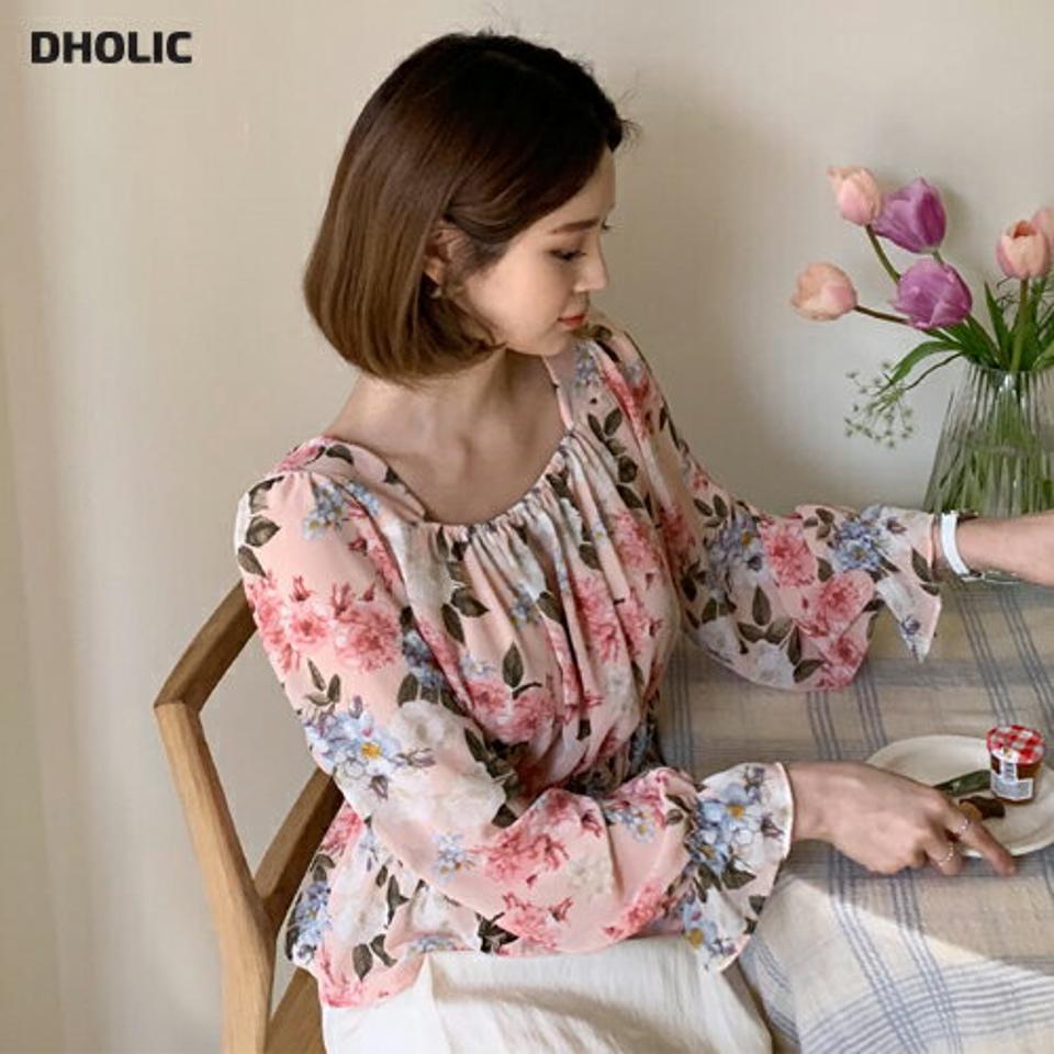 スクエア花柄ブラウス・全4色・t65001 レディース 【bl】【韓国 ファッション トップス ブラウス 長袖 上品 スクエアネック 首元 花柄 フラワー デコルテ クロップド丈 体型カバー フェミニン カジュアル デイリー 秋 春】【fw】