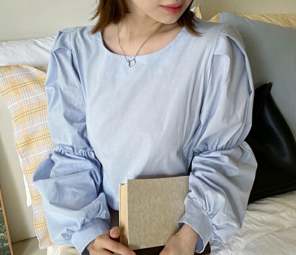 ゴムスリーブブラウス・全4色・t65000 レディース 【bl】【韓国 ファッション トップス ブラウス 長袖 上品 ボリューム袖 ラウンドネック 無地 体型カバー フェミニン カジュアル デイリー 秋 春】