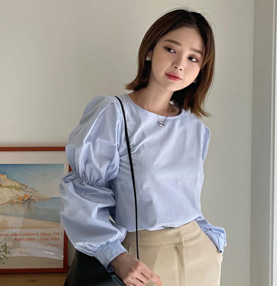 ゴムスリーブブラウス・全4色・t65000 レディース 【bl】【韓国 ファッション トップス ブラウス 長袖 上品 ボリューム袖 ラウンドネック 無地 体型カバー フェミニン カジュアル デイリー 秋 春】