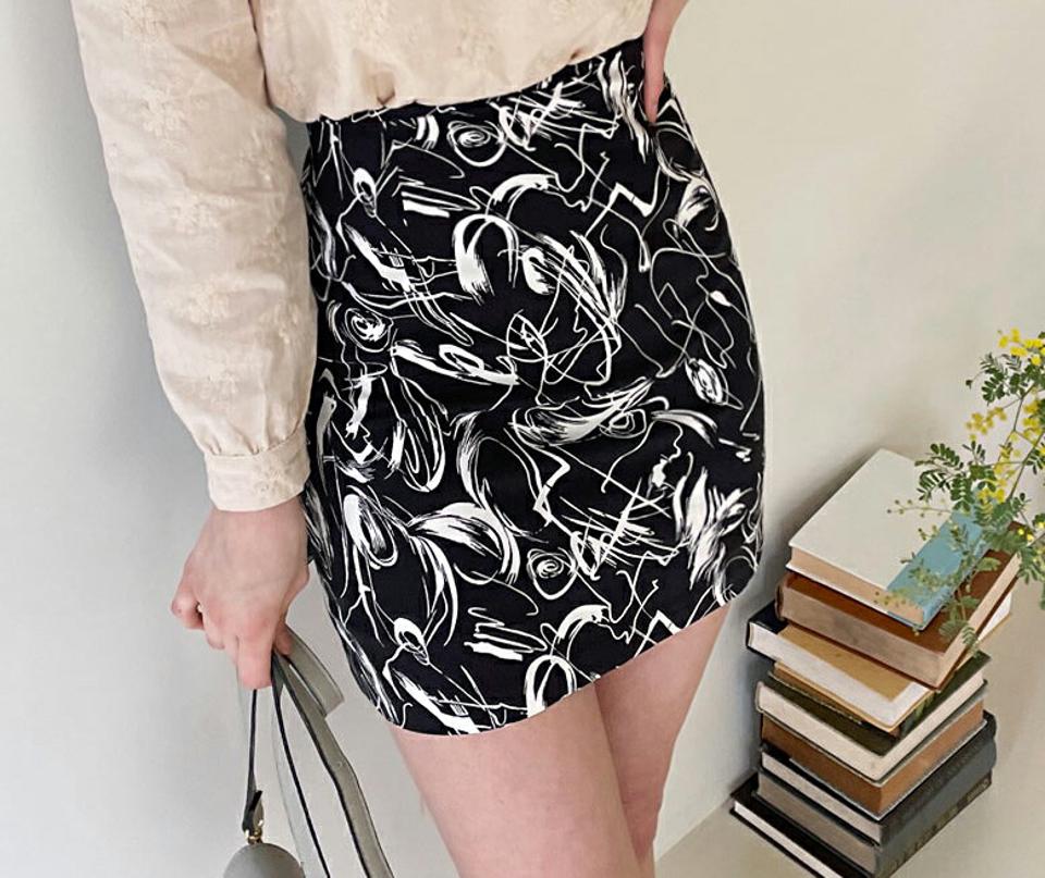 ドローイングミニスカート・全2色・t65016 レディース 【sk】【韓国 ファッション ボトムス スカート ショート ミニ ミニスカート ドローイング パターン バックゴム カジュアル フェミニン シンプル スリム 体型カーバー 細身 ベーシック デイリー 秋 春】