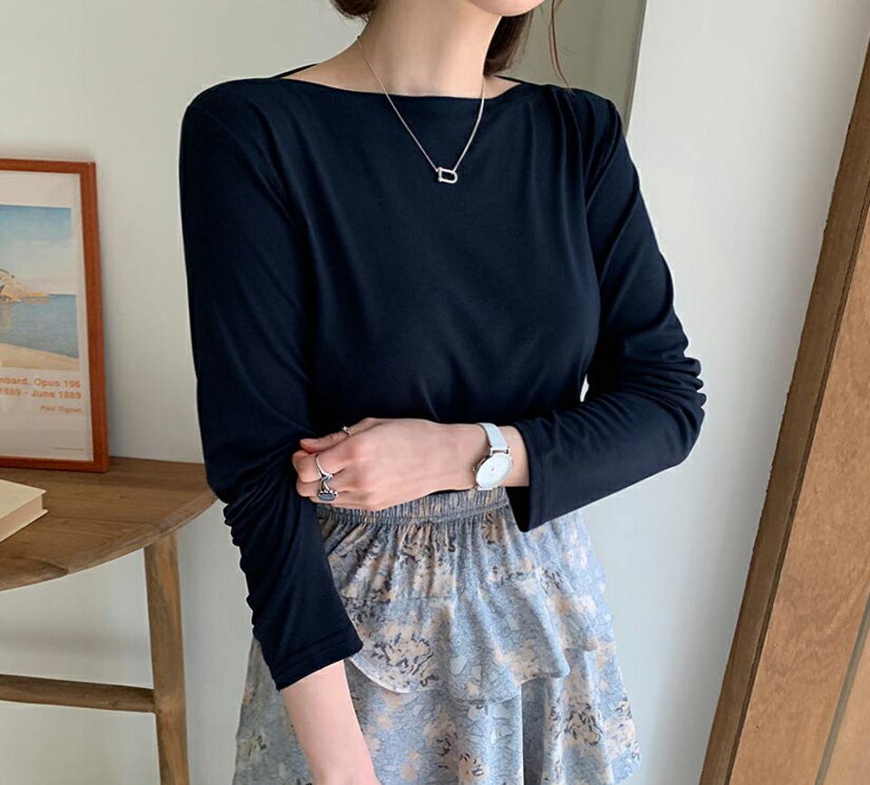 ボートネックTシャツ・全4色・t64996 レディース 【tops】【韓国 ファッション トップス Tシャツ 長袖 ボートネック 首元 ベーシック デコルテ スリム 体型カーバー デイリー フィット 細身 無地 秋 春】