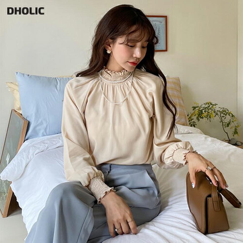 シャーリングブラウス・全3色・t65002 レディース 【bl】【韓国 ファッション トップス ブラウス 長袖 上品 シャーリング ハーフネック ラグランスリーブ 無地 体型カバー フェミニン カジュアル デイリー 秋 春】