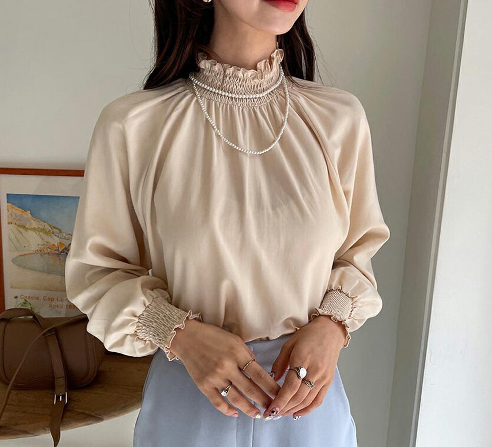 シャーリングブラウス・全3色・t65002 レディース 【bl】【韓国 ファッション トップス ブラウス 長袖 上品 シャーリング ハーフネック ラグランスリーブ 無地 体型カバー フェミニン カジュアル デイリー 秋 春】