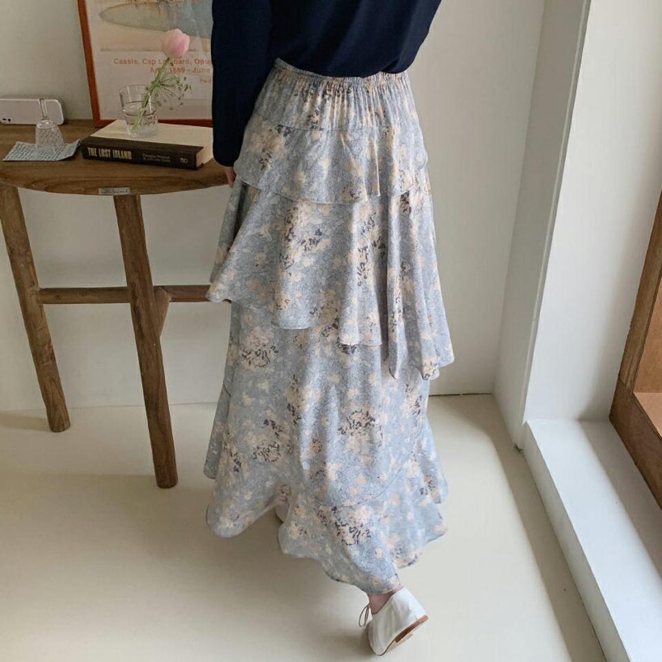 パターンラッフルスカート・全2色・t65014 レディース 【sk】【韓国 ファッション ボトムス スカート ロング ロングスカート Aライン パターン ラッフル ボリューム アンバランス ウエストゴム 花柄 カジュアル 体型カバー フェミニン デイリー 秋 春】