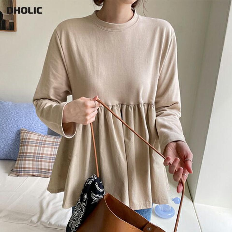 ≪人気商品再入荷≫ラウンドフレアTシャツ・3全色・b64995 レディース 【tops】韓国ファッション トップス Tシャツ 長袖 ラウンドネック ギャザー フレア ヒップカバー ベーシック スリム 体型カバー デイリー インしない 細身 無地 秋 春