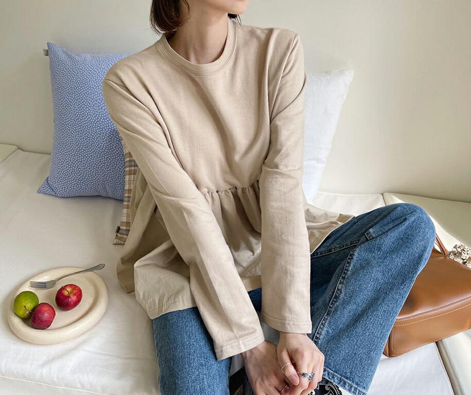 ≪人気商品再入荷≫ラウンドフレアTシャツ・3全色・b64995 レディース 【tops】韓国ファッション トップス Tシャツ 長袖 ラウンドネック ギャザー フレア ヒップカバー ベーシック スリム 体型カバー デイリー インしない 細身 無地 秋 春