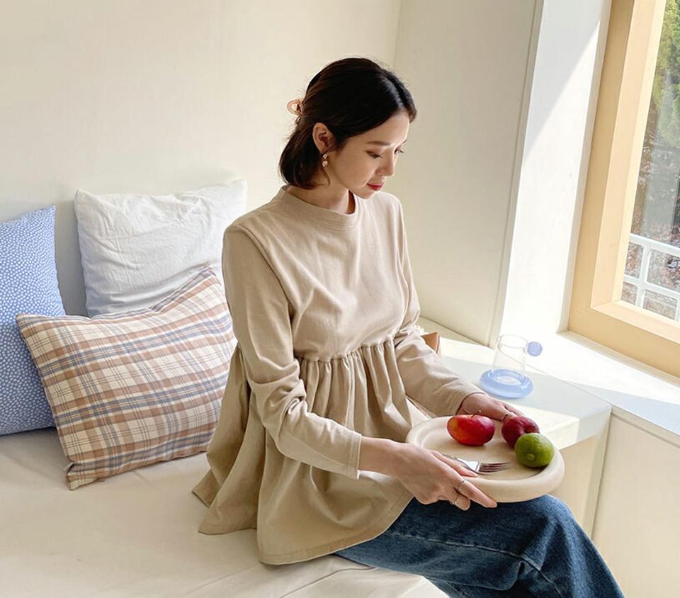 ≪人気商品再入荷≫ラウンドフレアTシャツ・3全色・b64995 レディース 【tops】韓国ファッション トップス Tシャツ 長袖 ラウンドネック ギャザー フレア ヒップカバー ベーシック スリム 体型カバー デイリー インしない 細身 無地 秋 春