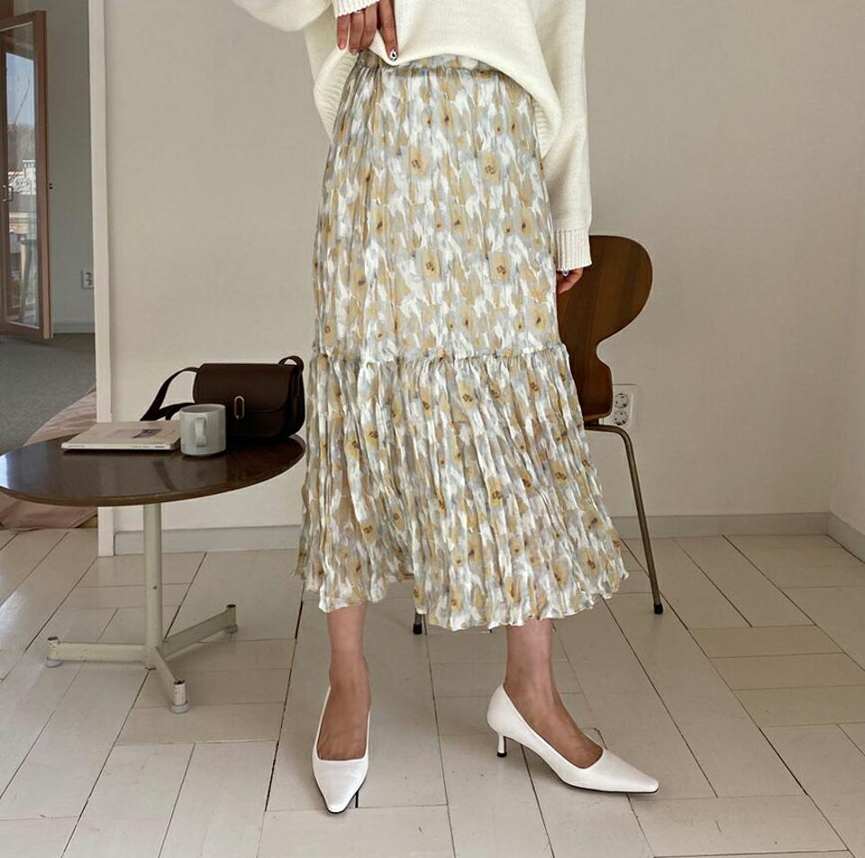 花柄リンクルスカート・全2色・t62969 レディース 【sk】【韓国 ファッション ボトムス スカート ロング ロングスカート Aライン フレア ウエストゴム 花柄 リンクルスカート フラワー カジュアル 体型カバー フェミニン デイリー 秋 春】【fw】