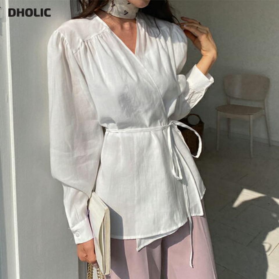 ギャザーラップブラウス・全6色・t62950 レディース 【bl】【韓国 ファッション トップス ブラウス 長袖 上品 リボン ラップ Vネック 首元 ギャザー デコルテ 無地 体型カバー フェミニン カジュアル デイリー 秋 春】