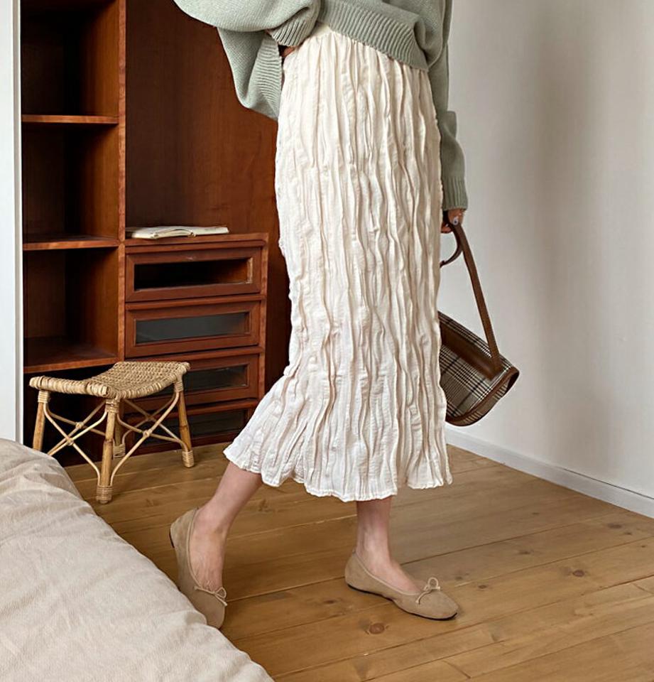 リンクルスリットスカート・全3色・b62968 レディース 【sk】【韓国 ファッション ボトムス スカート ロング ロングスカート Hライン リンクル スリット やわらかい リンクルスカート ウエストゴム カジュアル 体型カバー フェミニン デイリー 秋 春】