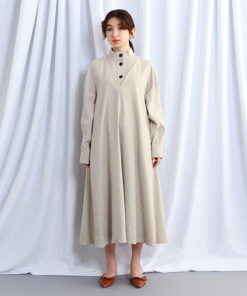 【ウォッシャブル】リネン混Vネックフレアワンピース