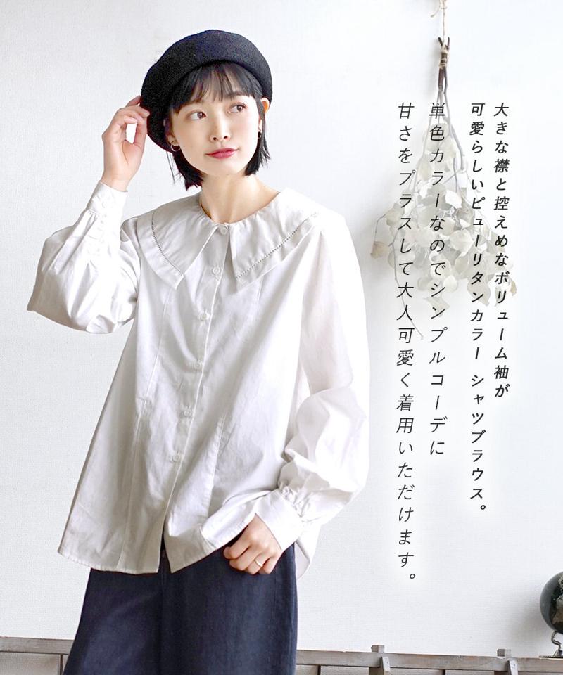 ブラウス /まるで水兵さんみたいな可愛さ。 レディース トップス シャツ 白シャツ 長袖 長そで 襟 衿 ビッグカラー クエーカーカラー セーラーカラー ボリューム袖 ゆったり 綿100％ コットン レース 薄手 フロントボタン ナチュラル 春 ◆ピューリタンカラー シャツブラウス