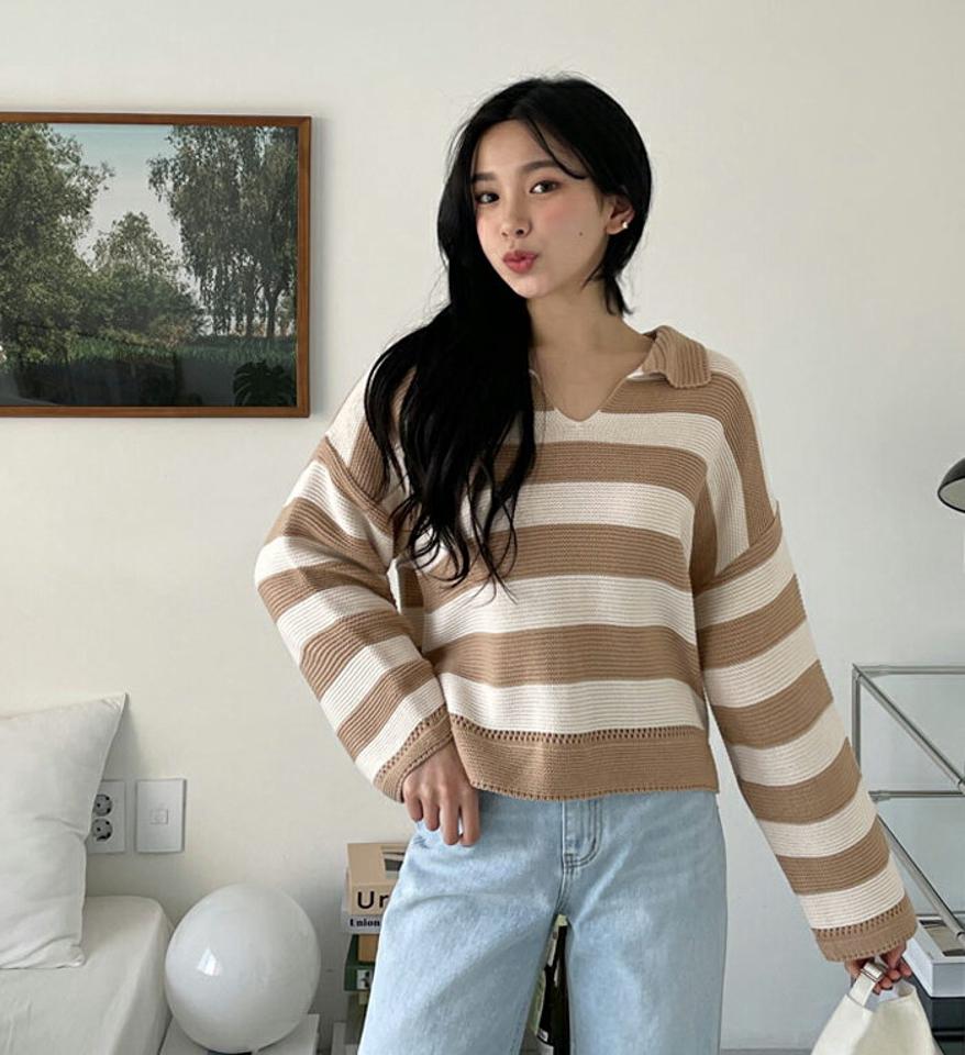 カラーワイドボーダーニット・全3色・t63346 レディース 【tops】【韓国 ファッション トップス ニット 長袖 カラー ワイドニット ボーダー 配色 ストライプ Vネック パターン ルーズ ゆったり スリム 体型カーバー ガーリー カジュアル 秋 春】【NIJU】